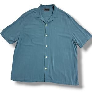 Allsaints Venice Shirt Plain Teal Blue Short Sleeve Ramskull Logo Casual 2XL